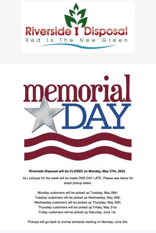 Riverside Pickup - Memorial Day Schedule